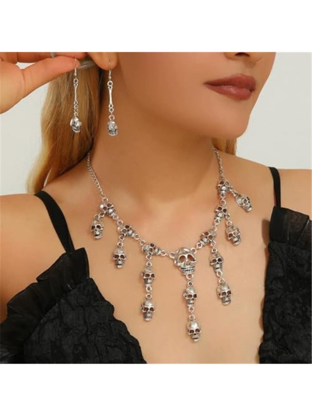 Gothic Punk Skull Necklace Earring Set